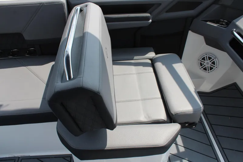 Slide: The Image of 2026 Cobalt R4 boat interior with sleek gray seating and modern design elements. - 21