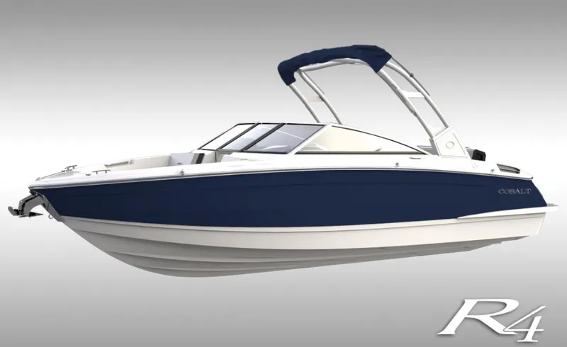 Slide: The Image of 2026 Cobalt R4 boat with sleek design and blue hull. - 33