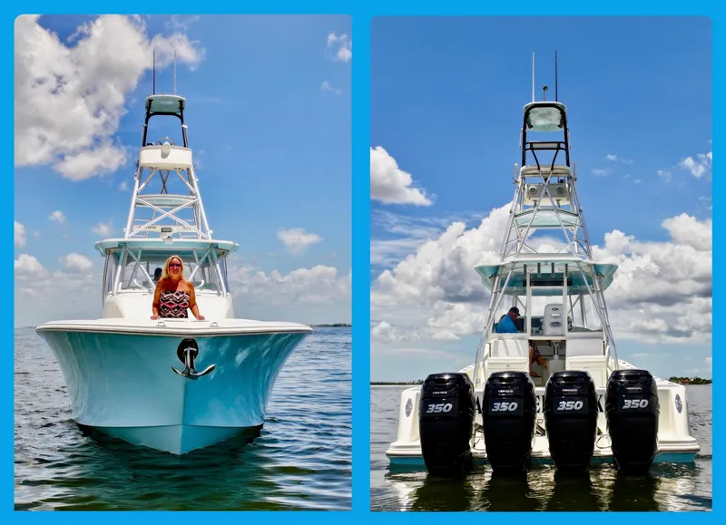 Slide: The Image of 2016 SeaVee 430 Fish Around boat on water, front and rear views, featuring multiple engines. - 22