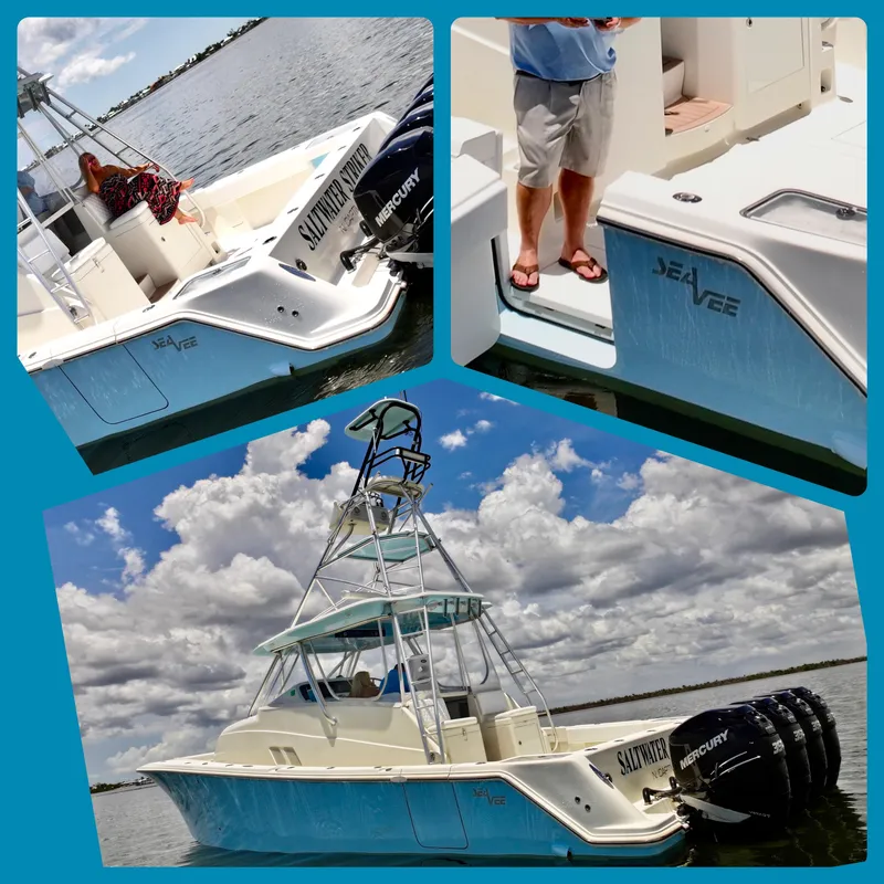 Slide: The Image of 2016 SeaVee 430 Fish Around boat with blue hull and multiple Mercury engines. - 34