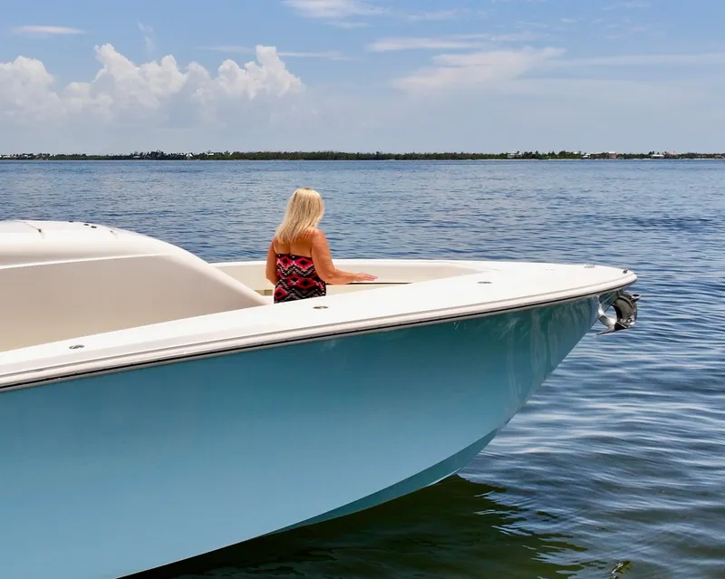 Slide: The Image of 2016 SeaVee 430 Fish Around boat with person on deck, calm waters, clear sky. - 37