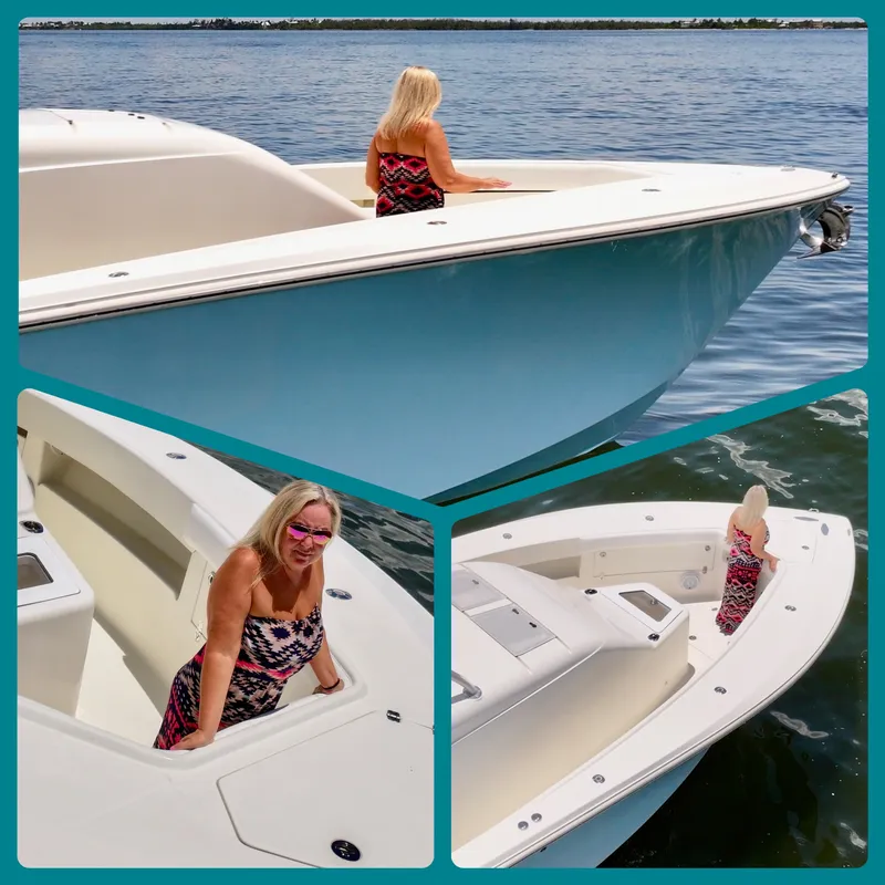 Slide: The Image of 2016 SeaVee 430 Fish Around boat with person enjoying the deck on the water. - 40