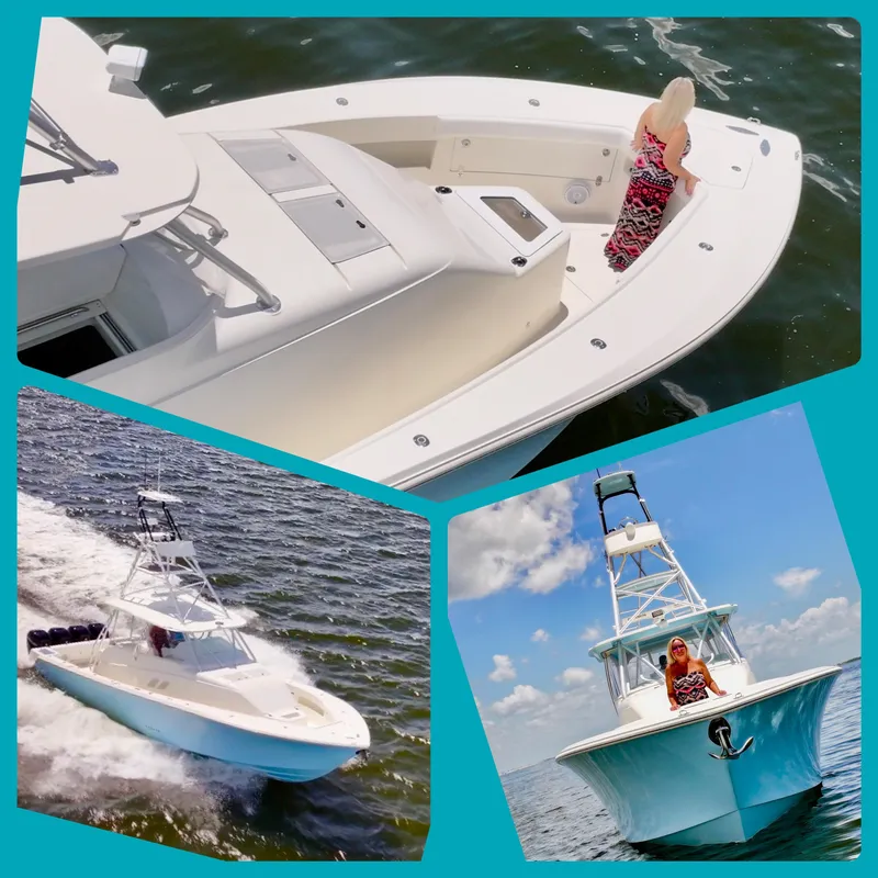 Slide: The Image of 2016 SeaVee 430 Fish Around boat on water, featuring spacious deck and tower. - 41