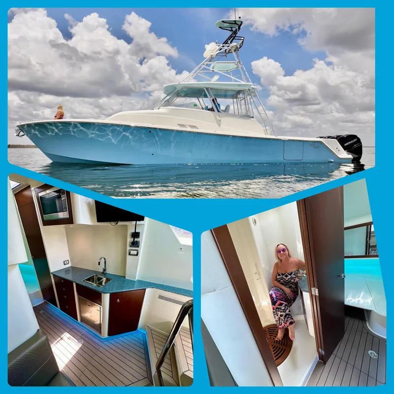 Slide: The Image of 2016 SeaVee 430 Fish Around boat with interior kitchen and cabin views. - 43