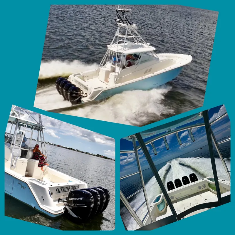 Slide: The Image of 2016 SeaVee 430 Fish Around boat cruising on water, showcasing powerful engines. - 7