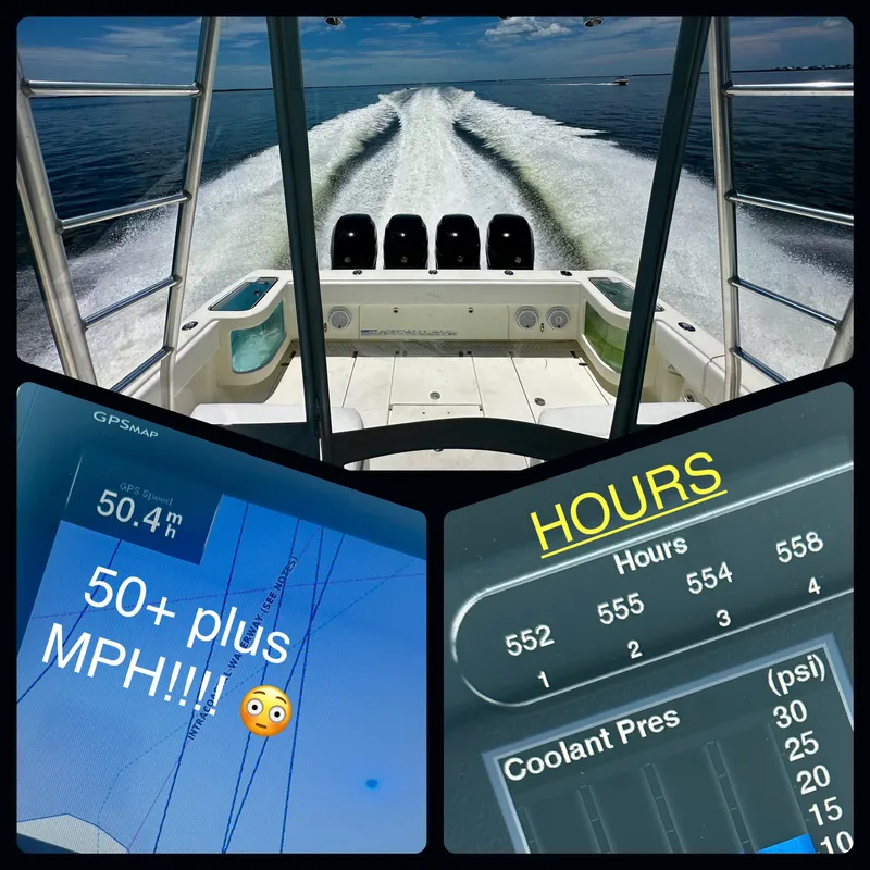 Slide: The Image of 2016 SeaVee 430 Fish Around boat dashboard showing 50+ MPH speed and engine hours. - 9