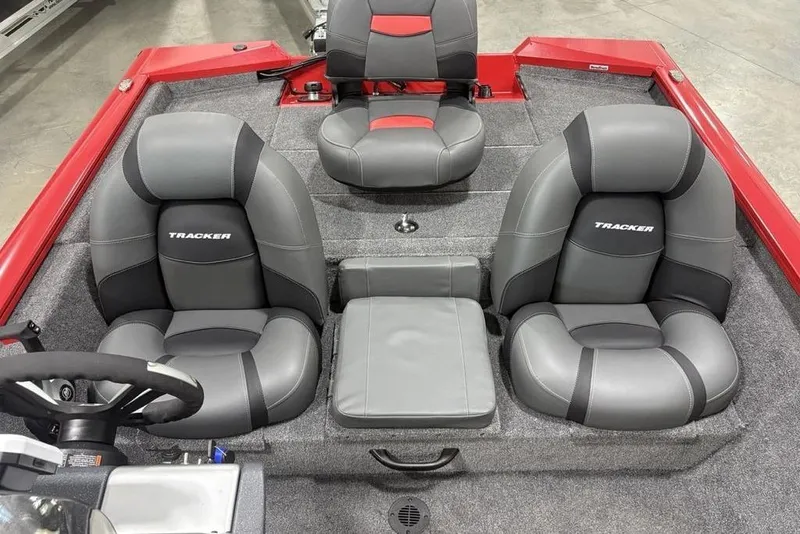 Slide: The Image of 2025 Tracker Pro Team™ 190 boat interior with gray and red seating. - 19