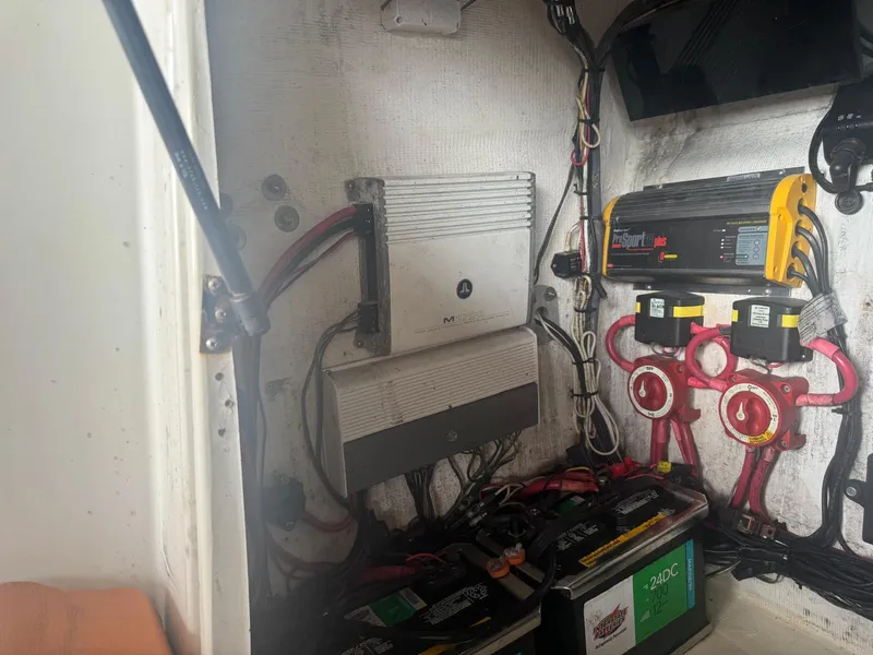 Slide: The Image of Open storage compartment on 2008 Avanti 36 boat, showing interior space. - 21