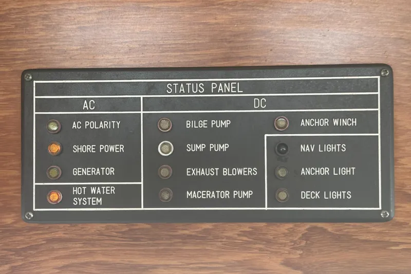 Slide: The Image of Status panel on 1986 Kha Shing 37' boat, showing AC and DC systems. - 51