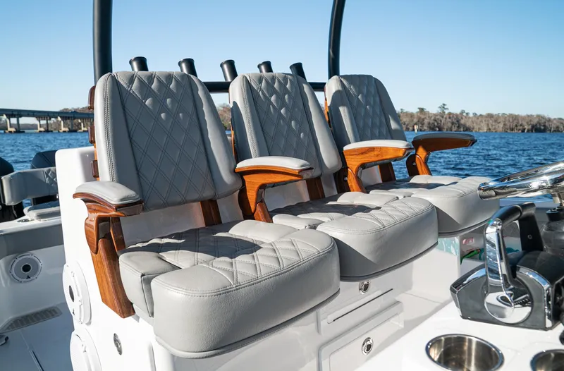 Slide: The Image of 2026 Front Runner 36 Center Console boat with luxurious seating and elegant design. - 18