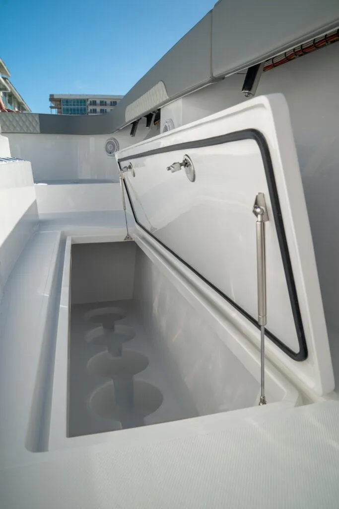 Slide: The Image of Open storage compartment on 2026 Front Runner 37 Catamaran, showcasing spacious interior design. - 11
