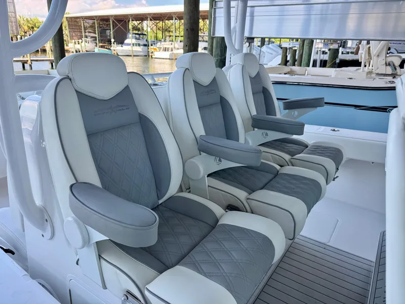 Slide: The Image of Luxurious seating on 2022 Invincible 46 Catamaran, featuring plush, ergonomic design. - 27