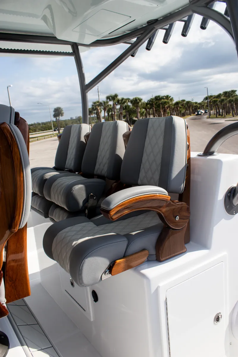 Slide: The Image of Luxury seating on 2026 Front Runner 43 Catamaran, featuring elegant design and comfort. - 14