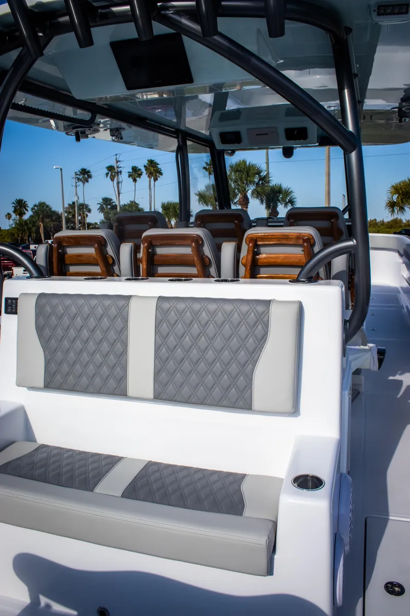 Slide: The Image of 2026 Front Runner 43 Catamaran interior with luxurious seating and modern design. - 21