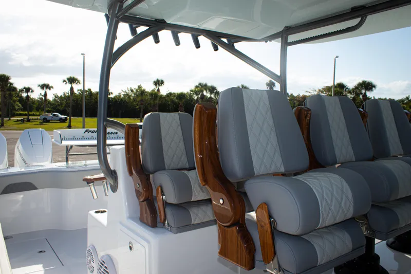 Slide: The Image of Luxurious seating on 2026 Front Runner 43 Catamaran with elegant design and wood accents. - 29