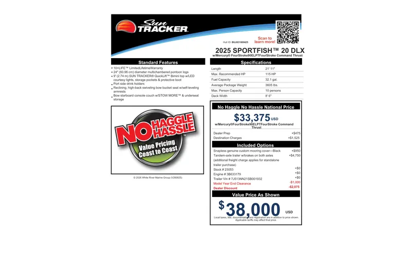 Slide: The Image of 2025 Sun Tracker SportFish 20 DLX boat features, pricing, and specifications sheet. - 82