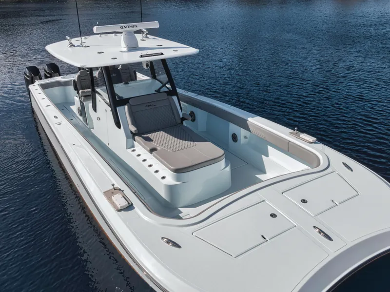 Slide: The Image of Front Runner 37 Cat 2026 boat on water, featuring sleek design and spacious deck. - 5