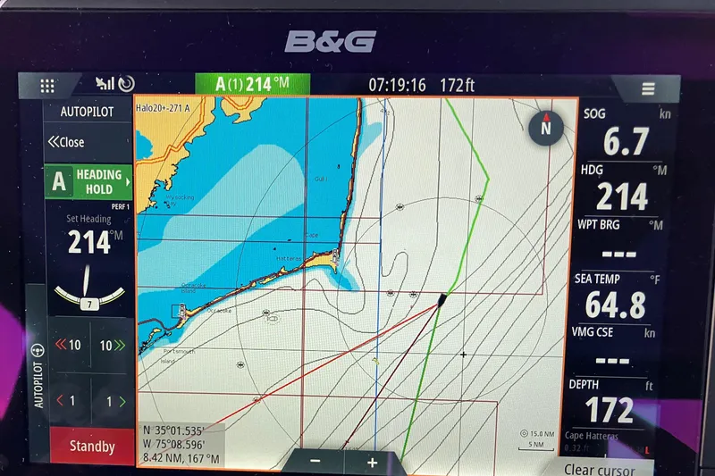 Slide: The Image of Navigation display on a 2021 Royal Cape Catamarans Majestic 570 Flybridge, showing course and sea data. - 21