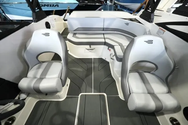 Slide: The Image of 2025 Bayliner V20i boat interior with modern seating and sleek design. - 9