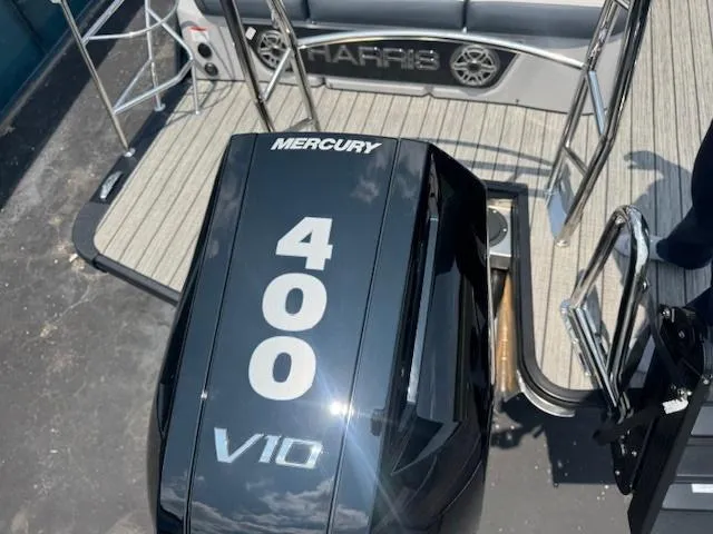 Slide: The Image of 2025 Harris Grand Mariner 250 with Mercury 400 V10 engine, rear deck view. - 18