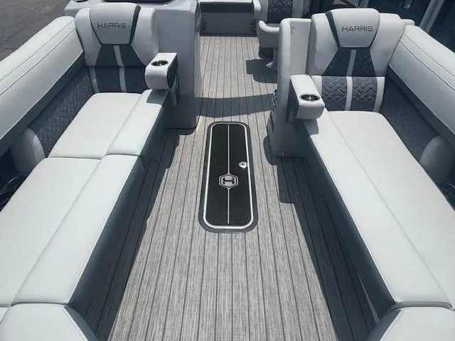 Slide: The Image of 2025 Harris Grand Mariner 250 interior with luxurious seating and modern design. - 4