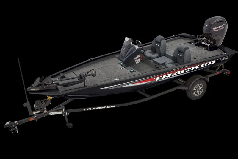 Slide: The Image of 2025 Tracker Pro Team 175 fishing boat on trailer, featuring dual seats and Mercury engine. - 6