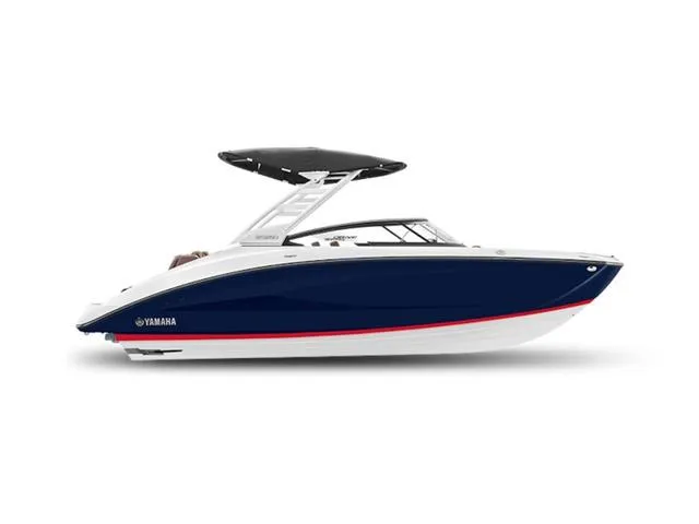 Slide: The Image of 2025 Yamaha Boats 252SD, sleek design, blue and white hull, modern canopy. - 2