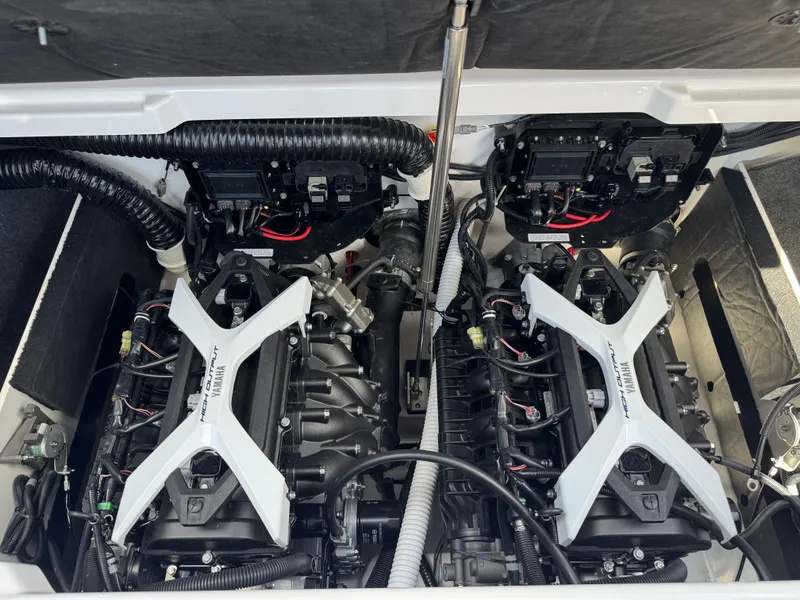 Slide: The Image of 2025 Yamaha Boats 222S engine compartment showcasing dual high-output engines. - 22