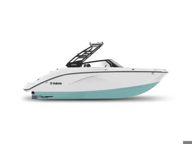 Slide: The Image of 2025 Yamaha Boats 222S, sleek white and turquoise design, side view. - 33