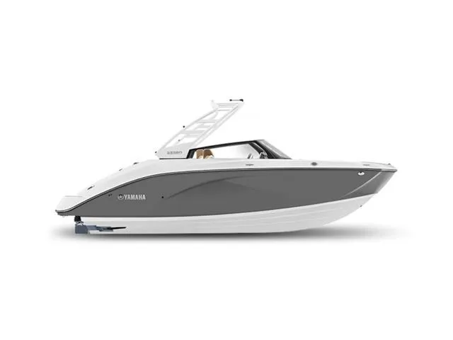 Slide: The Image of 2025 Yamaha Boats 222SD, sleek gray and white design, side view. - 33