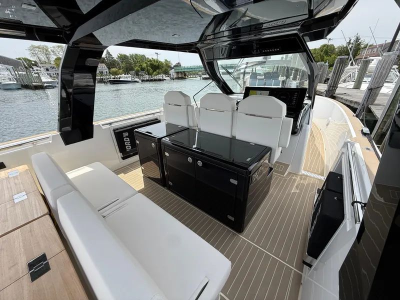 Slide: The Image of 2025 Fjord 39 XP luxury yacht interior with sleek seating and modern design. - 38