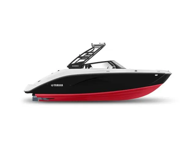 The Image of 2025 Yamaha Boats 222SD, sleek black and red design, side view. - 1