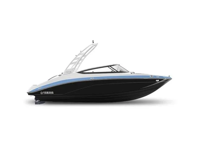 Slide: The Image of 2025 Yamaha Boats 195S, sleek black and white design, side view. - 22
