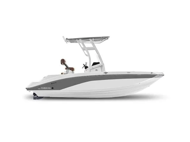 Slide: The Image of 2025 Yamaha Boats 195 FSH Sport, sleek white and gray design, side view. - 5