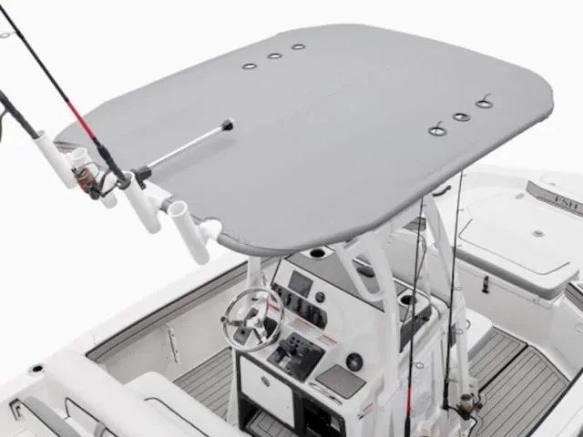 Slide: The Image of 2025 Yamaha Boats 195 FSH Sport, featuring a sleek helm and T-top design. - 6