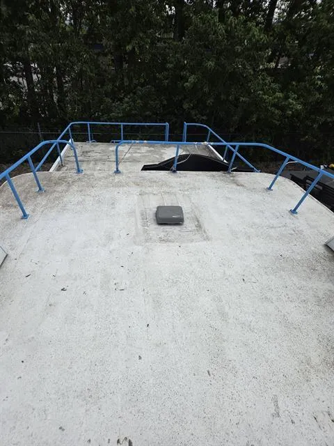 Slide: The Image of Rooftop view of 1984 King's Craft Coastal Cruiser with blue railings and forest backdrop. - 13