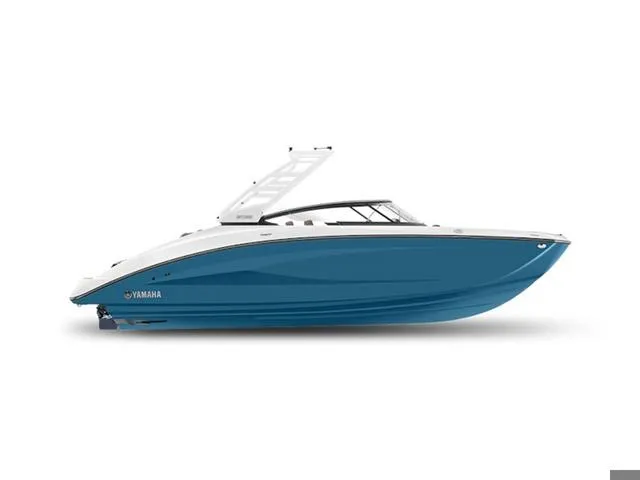 Slide: The Image of 2025 Yamaha Boats 252S, sleek blue and white design, side view. - 35