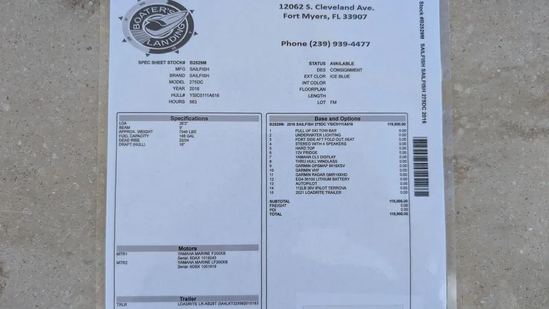 Slide: The Image of Sticker for 2016 Sailfish 275 DC boat with specifications and dealer information. - 20