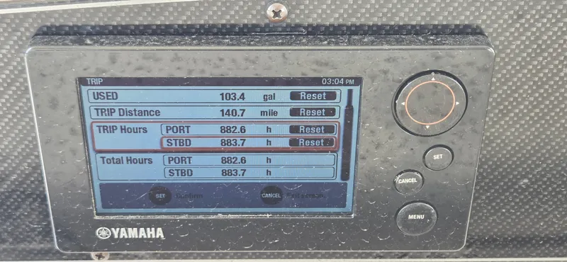 Slide: The Image of Yamaha display showing trip data for Grady-White Canyon 306, 2016 model. - 12