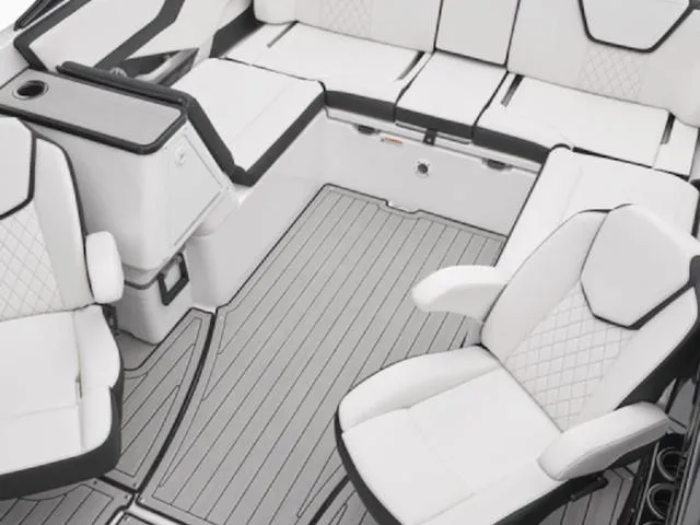 Slide: The Image of 2025 Yamaha Boats 252S interior with white seating and sleek design. - 41