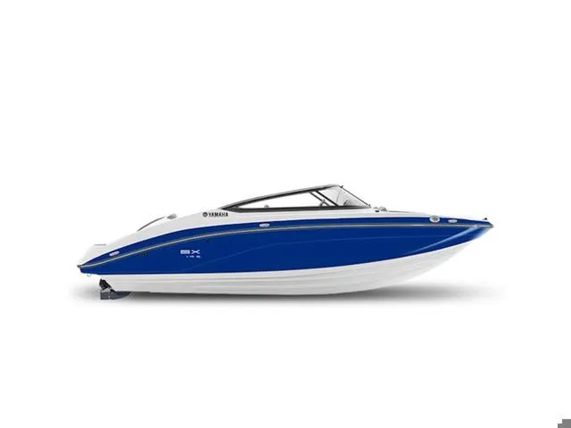 Slide: The Image of 2025 Yamaha Boats SX195, sleek blue and white design, side view. - 2