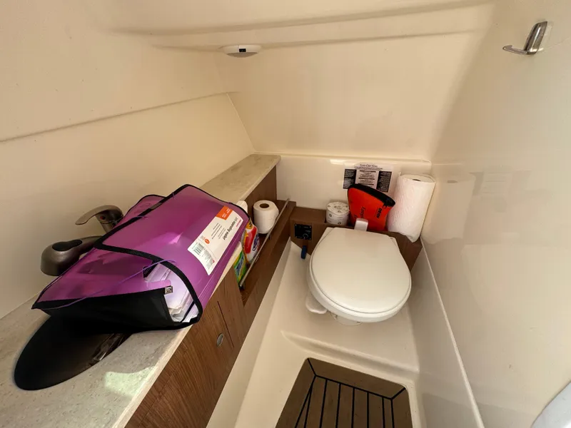 Slide: The Image of 2014 Boston Whaler 270 Vantage boat interior with toilet and storage area. - 12