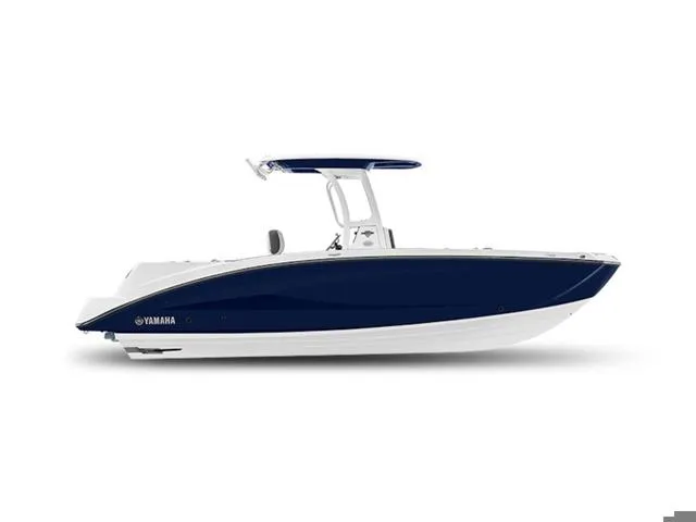 Slide: The Image of 2025 Yamaha Boats 255 FSH Sport H, sleek blue and white design, side view. - 26