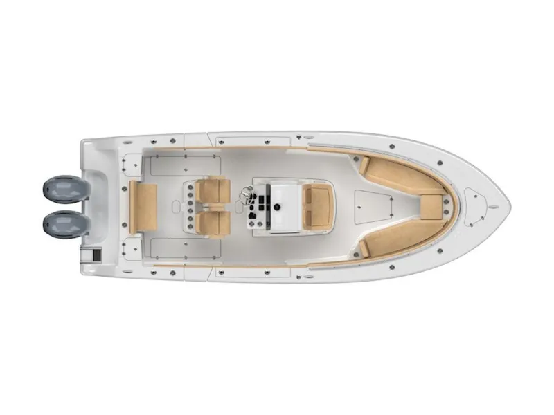 Slide: The Image of 2025 Sportsman OPEN 262 boat, top view, dual engines, spacious deck layout. - 3