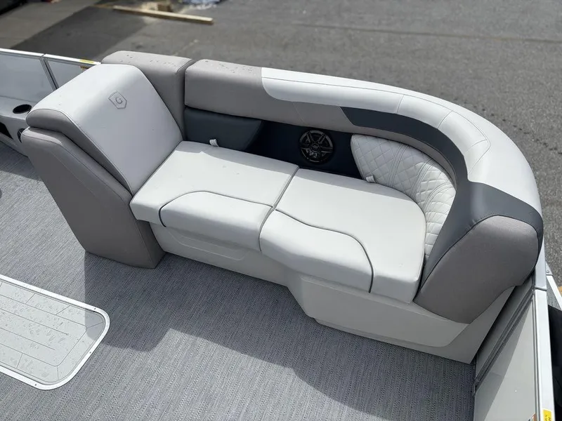 Slide: The Image of 2025 Godfrey SWEETWATER 2286 SFL boat seating, featuring modern gray upholstery and sleek design. - 10