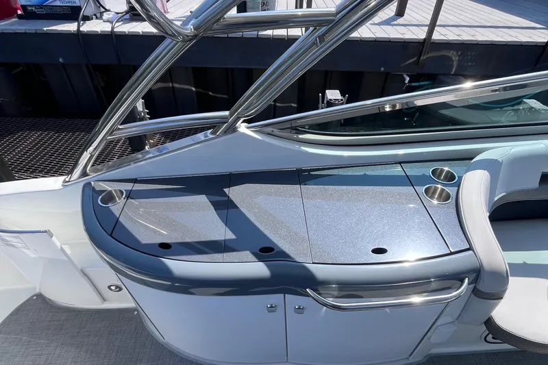 Slide: The Image of 2017 Formula 370 Super Sport boat interior with sleek design and stainless steel accents. - 23
