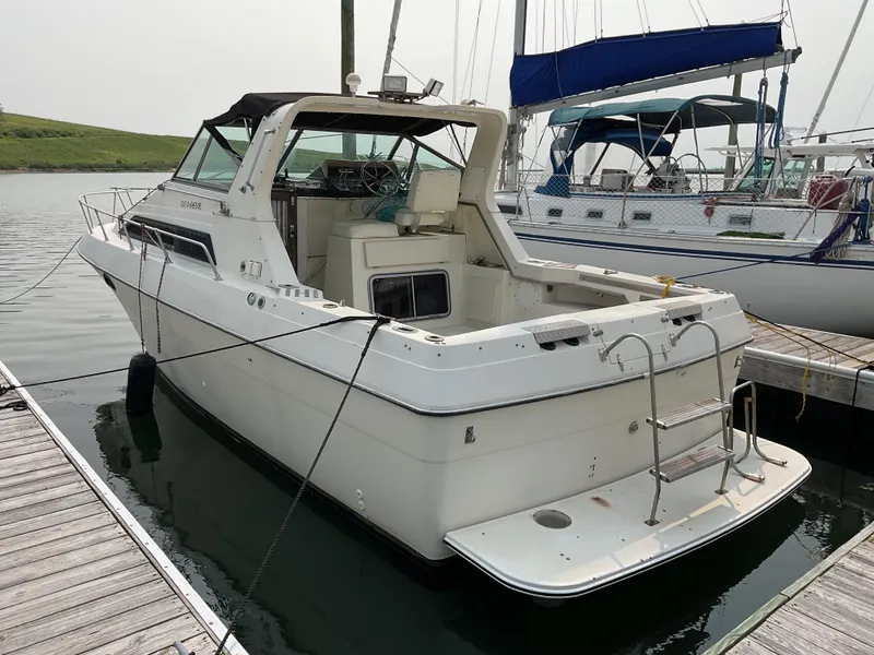 Slide: The Image of 1985 Cruisers Yachts 291 Sea Devil docked at marina, rear view. - 3