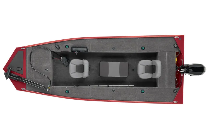 Slide: The Image of 2025 Tracker Panfish 17 boat interior with gray seating and red trim. - 3