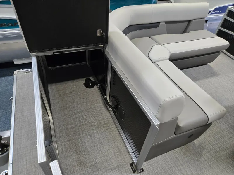 Slide: The Image of 2025 Princecraft Vectra 19 L pontoon boat interior with gray seating and storage compartment. - 3