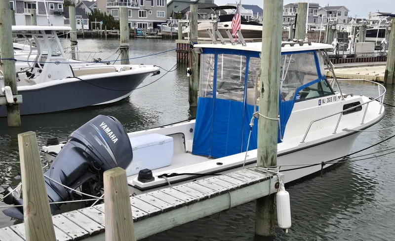 Slide: The Image of 1989 Parker 2310 Walkaround boat docked with Yamaha outboard motor, blue canopy, and American flag. - 6